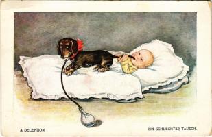 Ein schlechter Tausch / "A deception" baby with Dachshund dog. WSSB 1044. (EB)