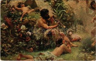 Die Musikanten / The Musicians. Gently erotic art postcard with nude lady s: C. Makowsky (EB)