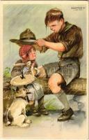 A cserkész másokkal szemben gyöngéd, magával szemben szigorú. Cserkész levelezőlapok kiadóhivatal / Hungarian boy scout art postcard s: Márton L. (EK)