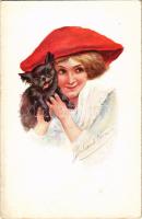 Lady art postcard with dog (EK)