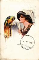 &quot;Instruction&quot; Lady art postcard with parrot. WSSB 1229. s: Court Barber (EK)