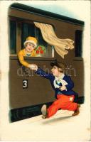 Children art postcard, romantic couple at the railway station, train (fl)