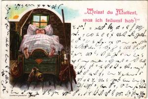 1899 (Vorläufer) Weisst du Mutterl, was ich träumt hab'! / Children art postcard, dreaming. litho (szakadás / tear)