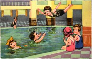 Children art postcard, swimming pool. Amag 0294.