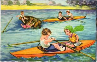 Children art postcard, rowing boats, humour. Amag 0294.