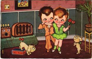 1930 Children art postcard, romantic couple, dancing. Amag 0289.