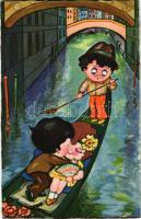 Children art postcard, romantic couple, kissing. Amag 0289. (EB)