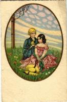 1929 Children art postcard, romantic couple (szakadás / tear)