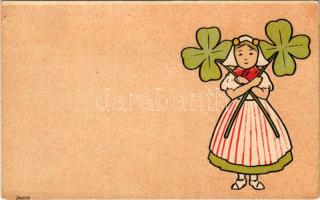 Greeting card with lady and clovers. B.K.W.I. 2602-2. litho (fl)