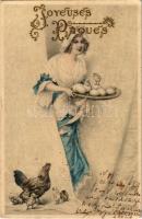 1905 Joyeuses Paques / Easter greeting art postcard, lady with eggs and chicken. M. M. Vienne Nr. 138. (EK)