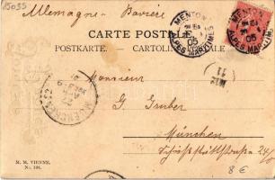 1905 Joyeuses Paques / Easter greeting art postcard, lady with eggs and chicken. M. M. Vienne Nr. 13...