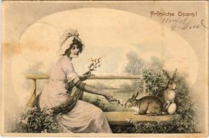 1904 Fröhliche Ostern! / Easter greeting art postcard, lady with rabbits and egg. M. M. Vienne Nr. 178. (fl)