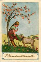 1934 Kellemes húsvéti ünnepeket / Easter greeting art postcard, Hungarian folklore s: Szilágyi G. Ilona (EK)