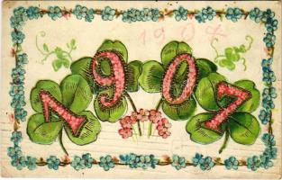 1907 New Year greeting art postcard with clovers. Emb. litho (lyukak / pinholes)