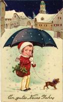 1934 Ein gutes neues Jahre / New Year greeting art postcard, child with dog. Amag No. 2082. (EK)