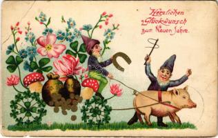 1905 Herzlichen Glückwunsch zum Neuen Jahre / New Year greeting art postcard with dwarves, pig, clovers, horseshoe. litho (EB)