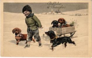 Fröhliches Neujahr / New Year greeting art postcard with boy and dogs. B.K.W.I. 2836-4.