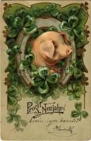 1904 Prosit Neujahr / New Year greeting art postcard with pig, horseshoe and clovers. Emb. litho (fa)