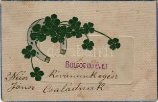 1906 Boldog Újévet / New Year greeting art postcard with horseshoe and clovers. Emb. litho (fa)