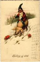 1925 Boldog Újévet / New Year greeting art postcard with dwarf riding a pig (fl)