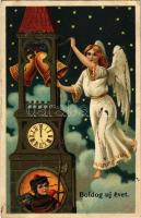 1908 Boldog Újévet / New Year greeting art postcard with angel. Emb. litho (EK)