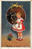 Boldog Újévet / New Year greeting art postcard with girl and donkey s: J. Kranzle (EB)