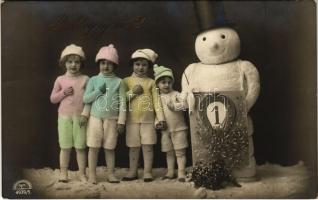 Boldog Újévet / New Year greeting postcard with children and snowman