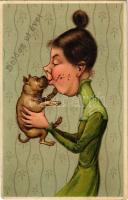 1914 Boldog Újévet / New Year greeting art postcard with lady kissing a dog. Emb. litho (EK)