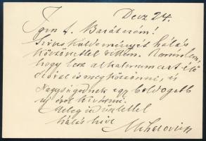 cca 1900 Mihalovich Ödön (1842-1929) zeneszerző, zenepedagógus, a Országos Magyar Királyi Zeneakadémia igazgatójának autográf köszönő sorai és aláírása, ismeretlen személy részére.