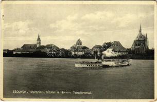 1934 Szolnok, Tisza part, három templom, zsinagóga, gőzhajó (EK)