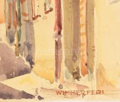 Wimmer Feri jelzéssel: Napfényes utca. Akvarell, papír, kartonra kasírozva. 25×18 cm