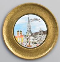 Müncheni városkép porcelán tálka, bronz alapba ragasztva, szép állapotban, d: 15 cm