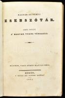 Magyar és német zsebszótár. Közre bocsátá a&#039; Magyar Tudós Társaság. Második, vagy német-magyar rész. Budán, 1835, Magyar Kir. Egyetem-ny., 1 sztl. lev. + IV+846 p. + 1 sztl. lev. Korabeli viseltes félbőr-kötésben, sérült borítóval, helyenként kissé sérült, kissé foltos lapokkal.