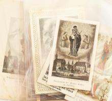 cca 1800-1910 Doboznyi vegyes szentkép, közte sok litho és csipkés, textil, német nyelvűek