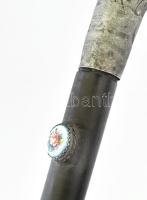 Antik sétapálca, ezüst (Ag) fejjel, virágmintás porcelán berakással, jelzés nélkül, kopással, h: 88 ...