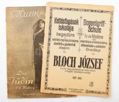 1905-1919 2 db régi kotta: Bloch József: Kettősfogások iskolája hegedüre a kezdő foktól a legmagasabb kiképzésig. Levált borítóval, az utolsó 4 lapon hiánnyal, 54 p. + J. F. E. Halévy: Die Jüdin. Musik für Alle XIII Band, Nr. 152. Kisebb szakadásokkal, 18 p.