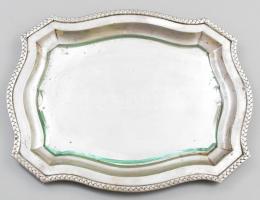Ezüst(Ag) tálca, jelzett, sérült üvegbetéttel, 24×29 cm, nettó: 415 g