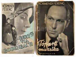 Körmendi Ferenc 2 könyve (egy DEDIKÁLT): Tóparti muzsika. Elbeszélések. Bp., 1935, Athenaeum. Kiadói papírkötés, sérült, a könyvtesttől elvált borítóval, helyenként kissé foltos lapokkal, az előzéklapon ajándékozási sorokkal. A szerző által DEDIKÁLT példány. + Ind. 7.15 Via Bodenbach. Regény. Bp., 1932, Athenaeum. Kiadói papírkötés, a borító minimálisan sérült, a címlapon tulajdonosi névbejegyzéssel.