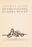 Thomas Mann: Mario és a varázsló. (Tragikus úti élmény.) Ford.: Sárközi György. Hozzákötve: Rendetlenség és kora bánat. Ford.: Dormándi László. Bp.,[1930],Pantheon,(Hornyánszky-ny.), 143+125+1 p. Lányi Imre könyvdíszeivel. Kiadói aranyozott egészbőr-kötés, Kner Erzsébet-kötés, kopott borítóval, javított, részben pótolt gerinccel, foltos lapokkal.