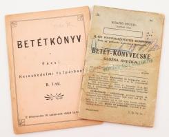 cca 1910-1920 2 db betétkönyv: Pécsi Kereskedelmi és Iparbank Rt. + M. Kir. Postatakarékpénztár Budapesten (foltos)