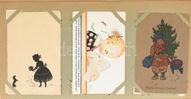 164 db RÉGI képeslap vegyes minőségben kis szecessziós albumban: sok dombornyomott és litho üdvözlő,...