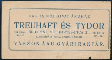 cca 1920-1930 Treuhaft és Tydor uri- és női divat áruház számolócédula, kis szakadással