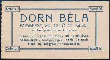 cca 1910-1930 Dorn Béla uri és női divat számolócédula, kisebb szakadással