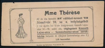 cca 1900-1920 Mme Thérese vállfűző-termei számolócédula, apró sérülésekkel