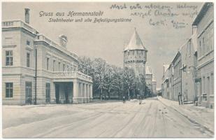 1906 Nagyszeben, Hermannstadt, Sibiu; Stadttheater und alte Befestigungstürme / Városi színház és tornyok télen / theater and towers in winter