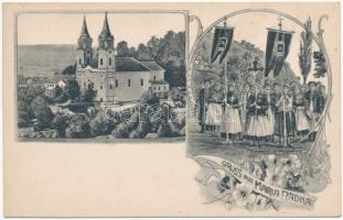 Máriaradna, Mária-Radna, Radna (Lippa, Lipova); kegytemplom. Biimfeld Simon kiadása / pilgrimage church, procession. Art Nouveau, floral