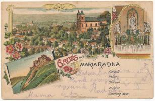 1899 (Vorläufer) Máriaradna, Mária-Radna, Radna (Lippa, Lipova); látkép, Solymosi várrom, Maria Lourdes szobor / pilgrimage church, castle ruins, statue. Art Nouveau, floral, litho (Rb)
