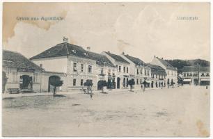 1924 Szentágota, Agnetheln, Agnita; Marktplatz / Piactér, gyógyszertár, Johann Hager üzlete / market square, pharmacy, shops (fl)