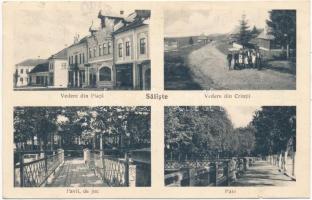 1943 Szelistye, Salistea Sibiului, Saliste; Vedere din Piata, Crintii, Pavil. de joc, Parc / Fő tér, üzletek, szálloda, zenepavilon, park / main square, shops, hotel, music pavilion, park (kis szakadás / small tear)