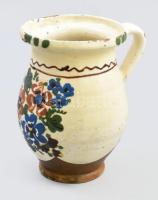 cca 1900-1920 Antik mázas lekváros köcsög, virág motívummal, jelzés nélkül, kopással, m: 17,5 cm